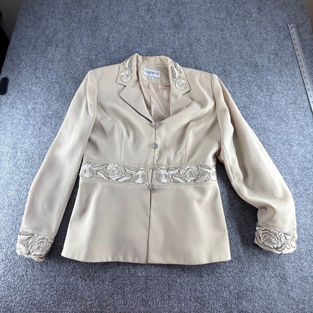 John Meyer of Norwich Beige Embroidered Floral Beaded Blazer Jacket Womens 12
